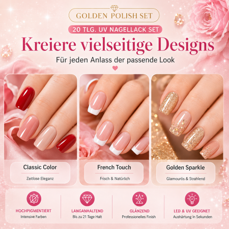 Preview: Golden UV Nail Polish Set – Coffret Vernis UV 20 pièces avec Golden Glitter Top Coat